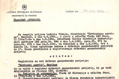 Odločba o registraciji podjetja Kovinski servis Maribor, 18. 5. 1951